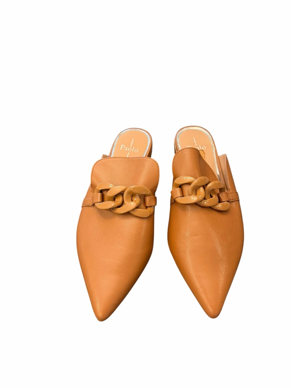 Linea Paolo Adora Pointed Toe Mules Brown Leather Chunky Monochrome Chain 9.5